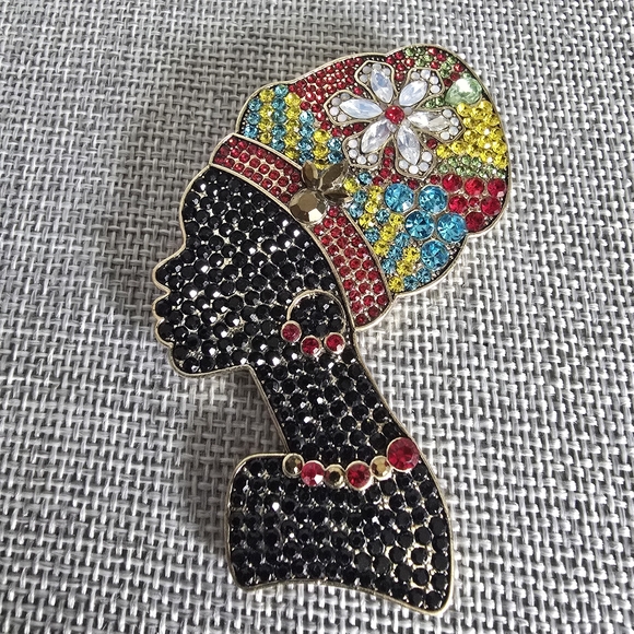 Jewelry - Artistic Elegant African Colorful Jeweled Lady Woman Head Wrap Floral Brooch Pin